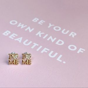 I Love Me Small Self Confidence Gold Tone Stud Earrings with hearts